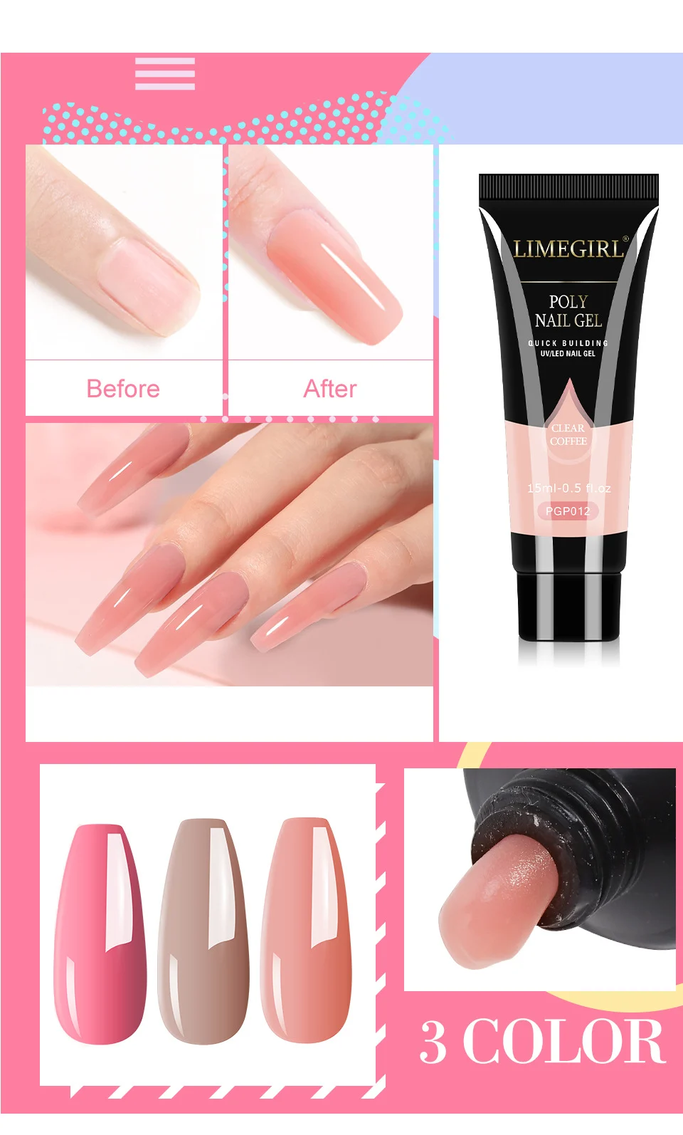 Poly Nail Gel Kit with UV Light All-in-One Manicure Extension Set 3 Colors Starter Pack with Slip Solution & Chrome Powder 3 poly nail gel kit uv lamp extension set spu981496136027 desc 3