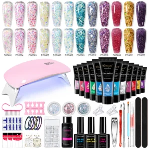 Poly Nail Gel Kit with Mini UV LED Lamp, Limegirl 6/12/17 Pcs Glitter Solid Glow-in-the-Dark Quick Building Extension Gel Set