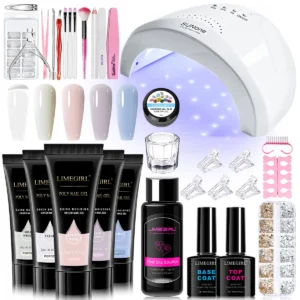 Poly Nail Gel Kit with UV/LED Lamp, Limegirl 5 Colors Professional Nail Extension Set for Beginners, Full Manicure Tool Kit with Rhinestones and Slip Solution