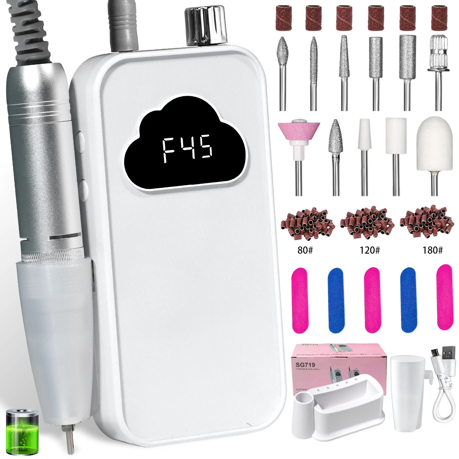 Portable Electric Nail Drill Set 45000RPM Professional Rechargeable Nail Polisher Kit for Acrylic and Gel Nails 7 portable electric nail drill 45000rpm spu990340351889 desc 7