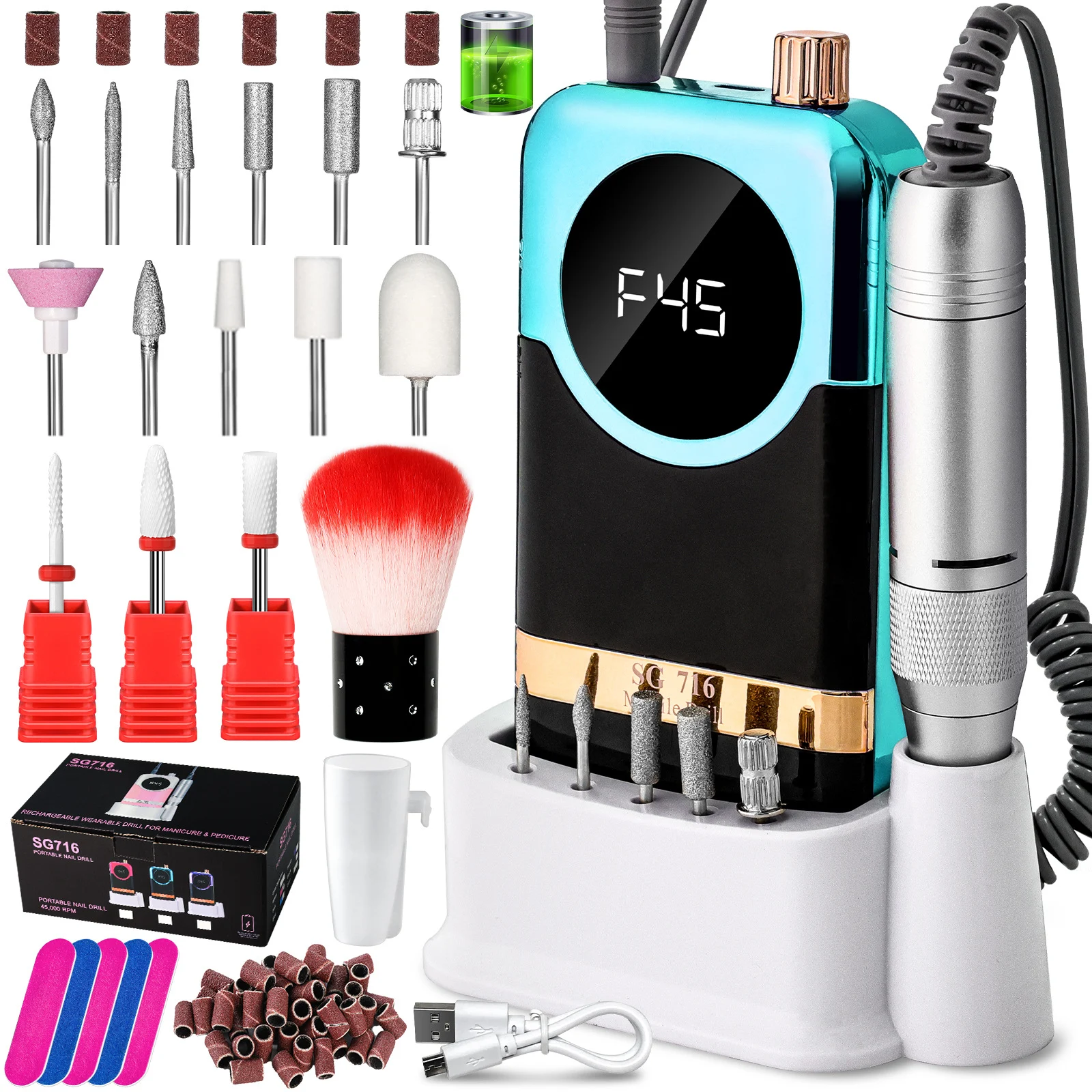 Portable Nail Drill Machine 45000RPM Rechargeable Electric E-File Kit for Acrylic Gel Polish Removal SG716 5 portable nail drill machine 45000rpm sg716 spu939728476772 desc 5