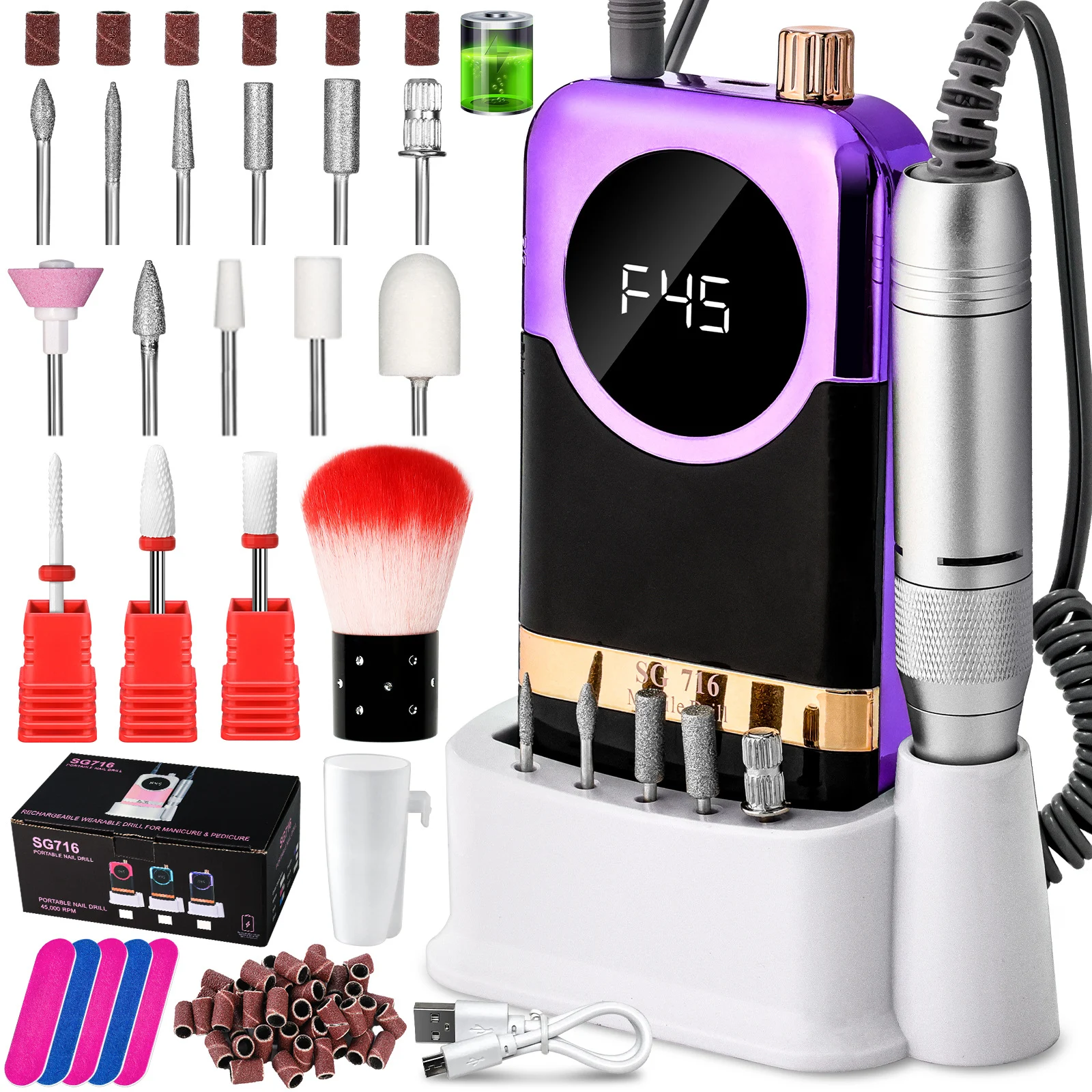 Portable Nail Drill Machine 45000RPM Rechargeable Electric E-File Kit for Acrylic Gel Polish Removal SG716 6 portable nail drill machine 45000rpm sg716 spu939728476772 desc 6