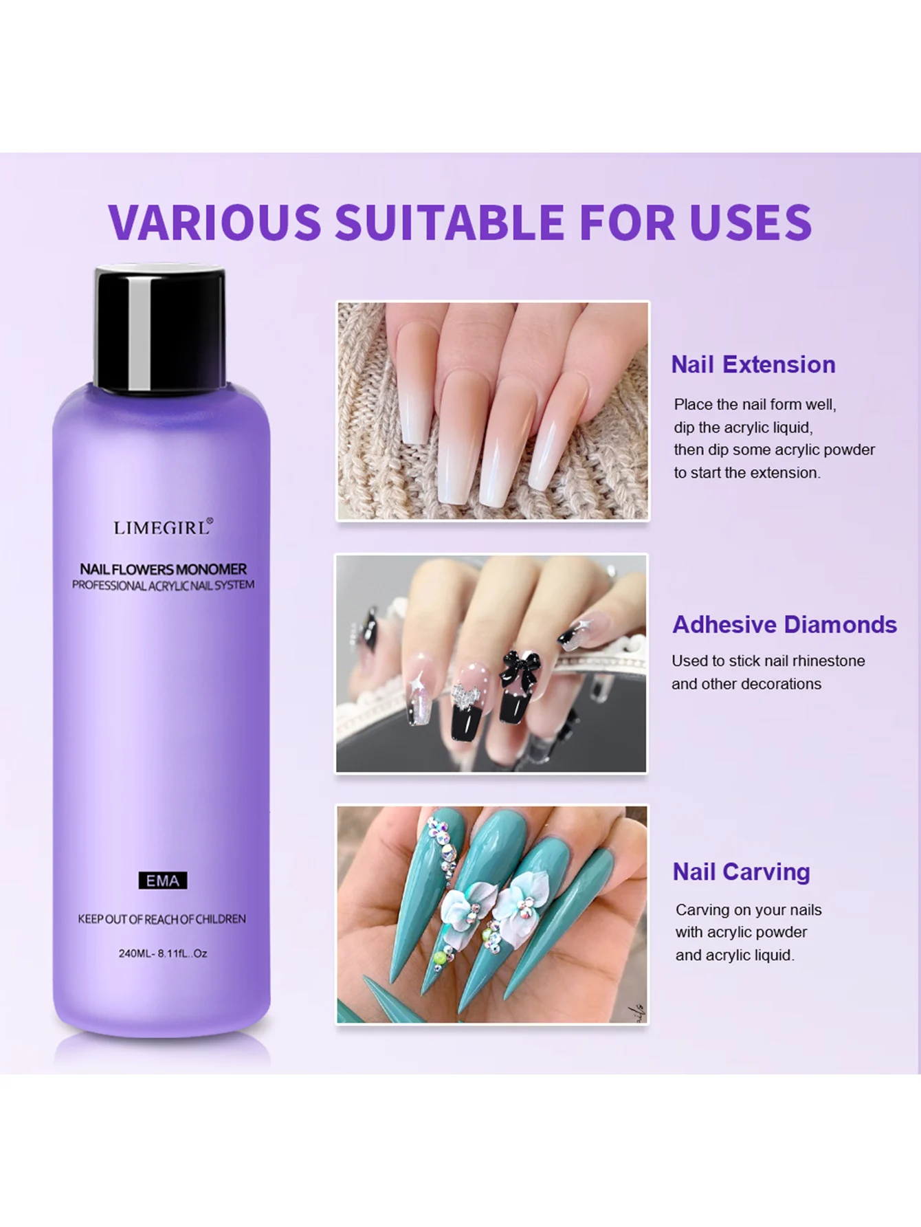 Acrylic Nail Kit Professional Extension Set with Monomer Liquid, Brush, and Glass Cup - Large Capacity System 2 professional acrylic nail kit monomer set spu824942912490 desc 2