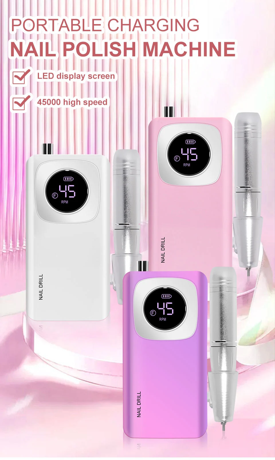 Electric Nail Drill 45000RPM Professional Portable Rechargeable Manicure Machine for Acrylic Gel Nails 5 professional electric nail drill 45000rpm spu754323866076 desc 5