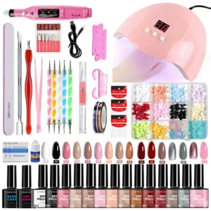 Professional Nail Art Kit with UV LED Lamp - 16 Colors Gel Polish, Cat Eye Gel, and Acrylic Powder System Complete Starter Set