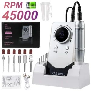 Professional Nail Drill Machine 45000 RPM Rechargeable Portable Electric Manicure File with Charging Base