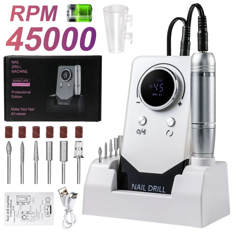 Professional Nail Drill Machine 45000 RPM Rechargeable Portable Electric Manicure File with Charging Base