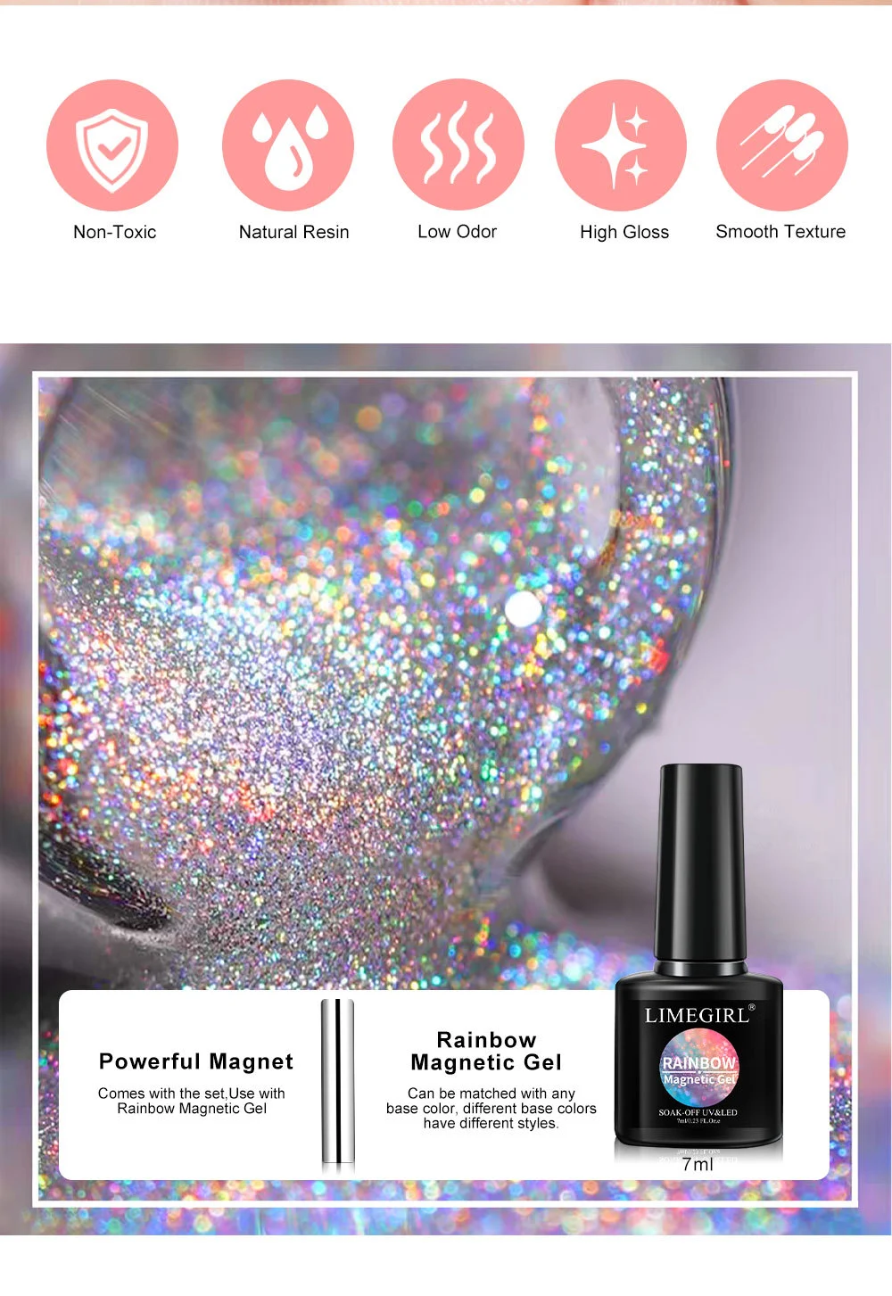 Rainbow Cat Eye Gel Polish Set - Limegirl Holographic Magnetic Nail Art Kit with Laser Ice Translucent Effect (Soak Off UV/LED) 2 rainbow cat eye gel polish set holographic magnetic spu998412750269 desc 2